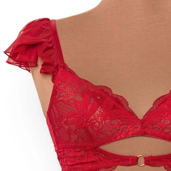 New Mentionables Red Lace Mesh Keyhole Bralette & High Leg Crotchless Panty Smal - Picture 6 of 14